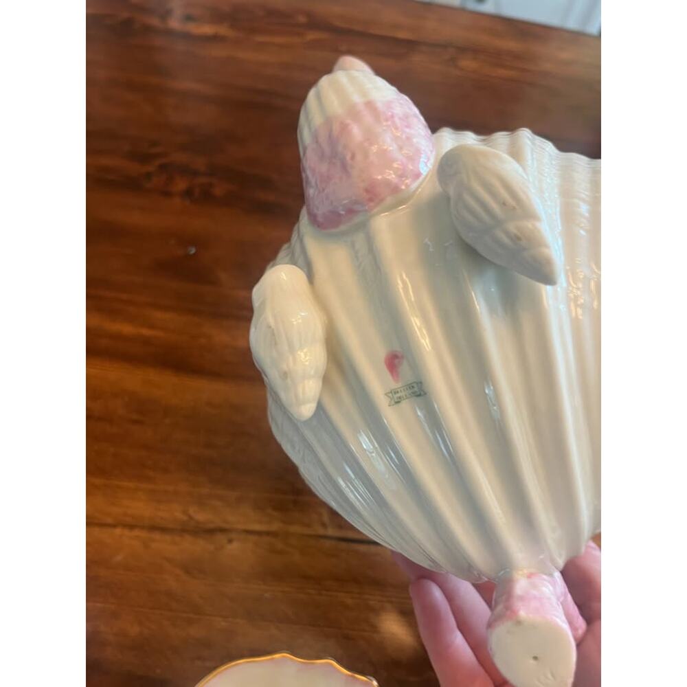 Vintage 3 Piece Belleek Tea Set Pink Neptune with Seashell Conches - Picture 7 of 7